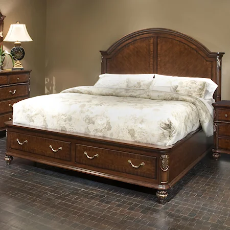 Traditional California King Storage Bed with Arched Headboard and Footboard Storage